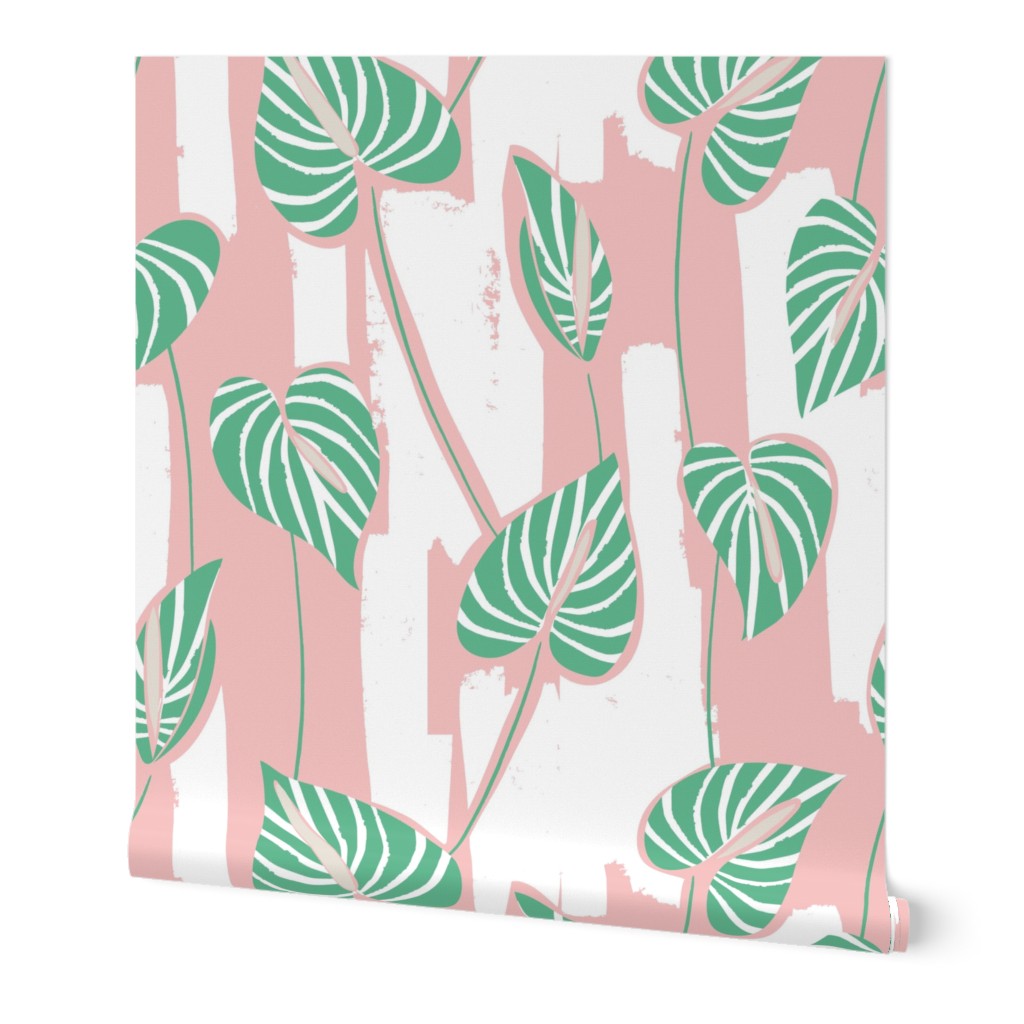 Large tropical painterly abstract anthurium - pink teal green and crisp white