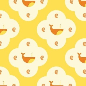 Cute bright kids wall paper in canary yellow, apricot orange and cornsilk white whale ocean