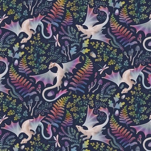 Forest dragons rainbow colors on navy blue small