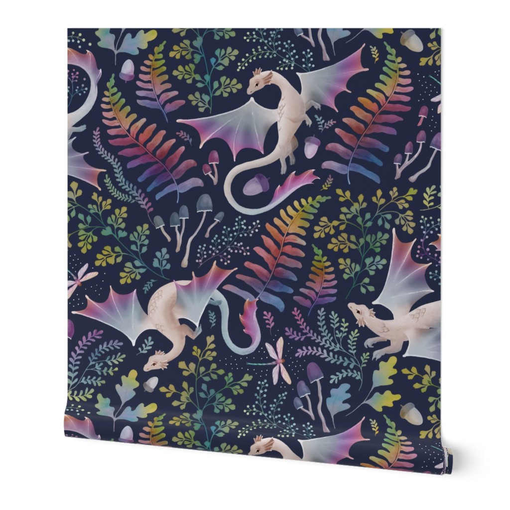 Forest dragons rainbow colors on navy blue