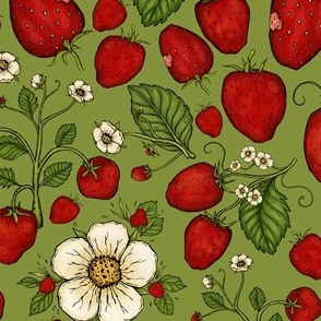 12x12 Strawberry Patch - Strawberry Fruits, Flowers, and Leaves Pattern on Moss Green