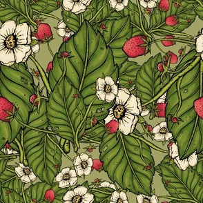 12x12 - Pink Strawberry Foliage - Maximal Strawberry Leaves , Fruits, & Flowers - Orange, Green, and Mindaro 