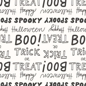 Halloween Sayings / small scale / charcoal beige Halloween typography pattern boo trick or treat happy spooky halloween