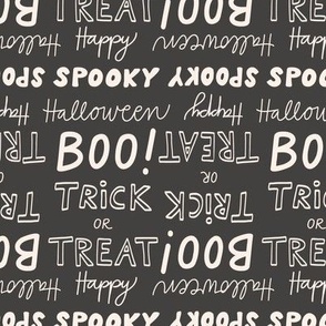 Halloween Sayings / small scale / beige charcoal Halloween typography pattern boo trick or treat happy spooky halloween