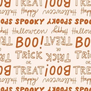 Halloween Sayings / small scale / light brown rust brown Halloween typography pattern boo trick or treat happy spooky halloween