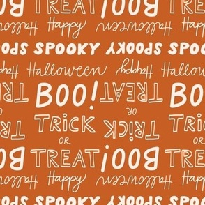 Halloween Sayings / small scale / rust brown beige Halloween typography pattern boo trick or treat happy spooky halloween