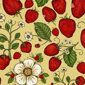12x12 Strawberry Field - Strawberry Fruits, Flowers, and Leaves Pattern on Vanilla