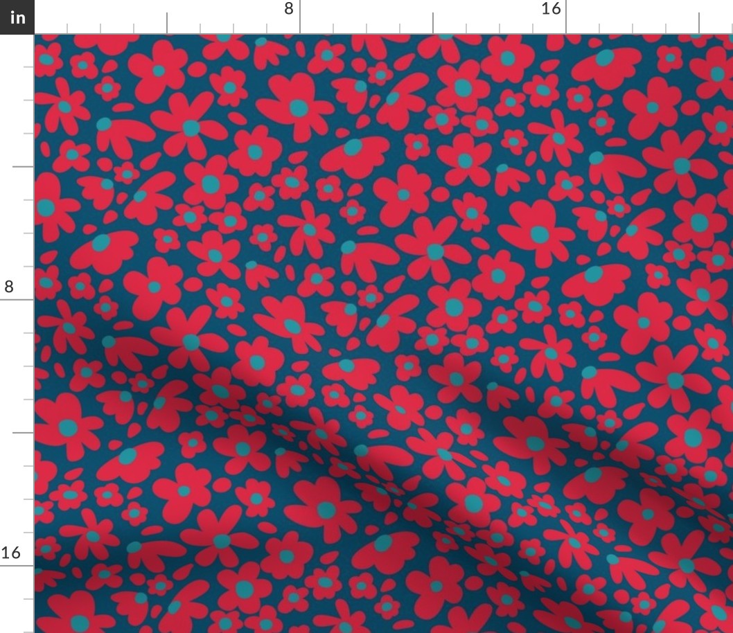 0001a Fun and Funky Red Flowers on Deep  Blue (medium)