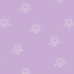 Minimalist sunset - summer beach sun and waves surf sea theme tossed nursery pattern white on lilac purple