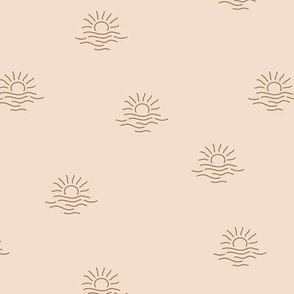 Minimalist sunset - summer beach sun and waves surf sea theme tossed nursery pattern caramel brown on tan blush seventies vintage palette