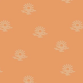 Minimalist sunset - summer beach sun and waves surf sea theme tossed nursery pattern white on burnt orange