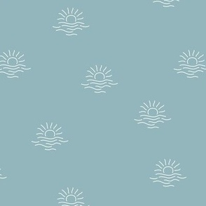 Minimalist sunset - summer beach sun and waves surf sea theme tossed nursery pattern white on moody blue