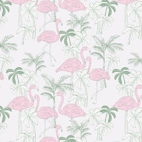 Flamingos and palm trees - caribbean birds and tropical jungle botanical summer garden romantic pastel flamingo design pink olive green on ivory