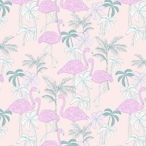 Flamingos and palm trees - caribbean birds and tropical jungle botanical summer garden romantic pastel flamingo design pink blue on blush