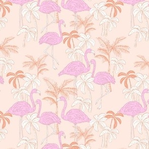 Flamingos and palm trees - caribbean birds and tropical jungle botanical summer garden romantic pastel flamingo design pink orange on peach blush