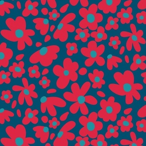 0001aL Fun and Funky Red Flowers on Deep Blue (Large)