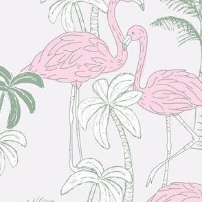 Flamingos and palm trees - caribbean birds and tropical jungle botanical summer garden romantic pastel flamingo design pink olive green on ivory LARGE wallpaper