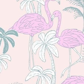Flamingos and palm trees - caribbean birds and tropical jungle botanical summer garden romantic pastel flamingo design pink blue on blush LARGE wallpaper