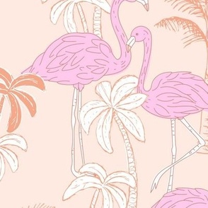 Flamingos and palm trees - caribbean birds and tropical jungle botanical summer garden romantic pastel flamingo design pink orange on peach blush LARGE wallpaper