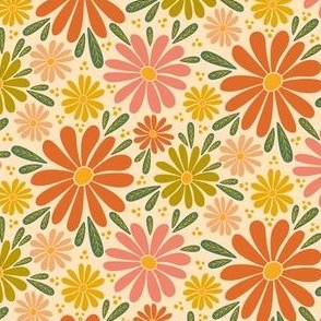 Bold Botanical - Whimsical Wildflowers - Retro 60s Boho Tan + Orange + Blush - SMALL