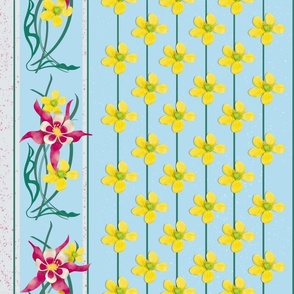 Buttercup strings on baby blue with columbine crimson star art nouveau style border