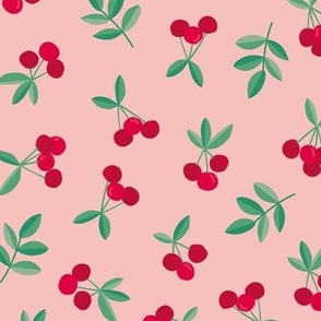 Little Cherry love garden fruit and leaves nursery design ruby red green on blush pink