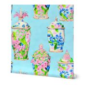 Watercolor chinoiserie jars on light blue 