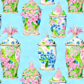 Watercolor chinoiserie jars on light blue 