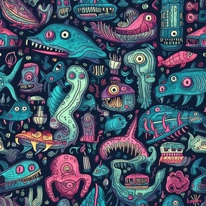 Doodle deep sea oddities pink and blue