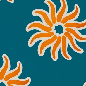 Sun Spiral Flowers / Orange and Teal Blue Sun Spiral Flowers / Modern Wallpaper