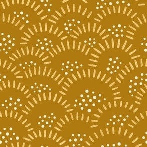 Hand-drawn abstract fruit scallops on deep ochre background