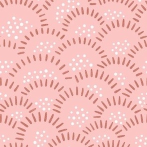 Hand-drawn abstract fruit scallops on pink background