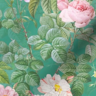 Nostalgic Pierre-Joseph Redouté Roses,  Antique Flower Bouquets, Vintage Home Decor, English Rose Fabric Dioptase Green Double Layer 