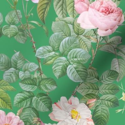 Nostalgic Pierre-Joseph Redouté Roses,  Antique Flower Bouquets, Vintage Home Decor, English Rose Fabric Bouncy Ball Green