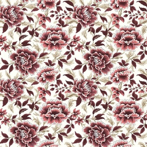 Sarah's Peonies - Cranberry/Taupe on White
