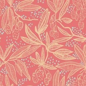 lychee fruit tropical summer block print in vibrant caribbean coral and orange