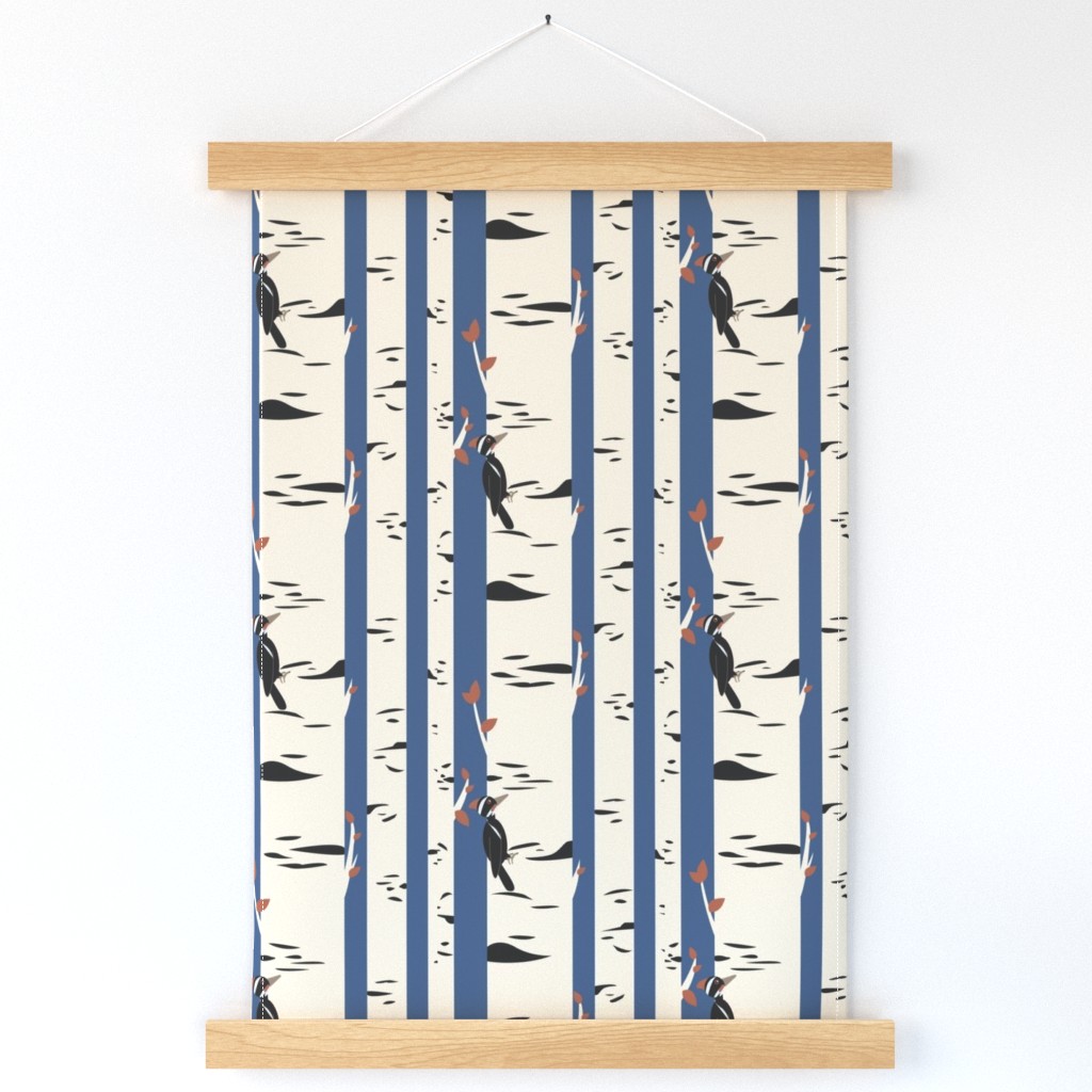 Autumn Birch Trees Pileated Woodpecker on Blue- Large Print