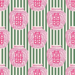 Vibrant pink ginger jar on green and cream stripes