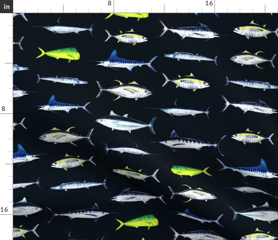 SPORTFISH Pattern Dark Navy Blue BlackYellowfin tuna, Bluefin, Blue Marlin, White Marlin, Wahoo, Swordfish, Mahi-mahi