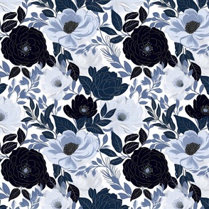 Peony Melody - Black/Powder Blue on White