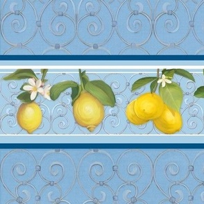 24" Lemon Citrus Floral Foliage Striped Border Print by Audrey Jeanne
