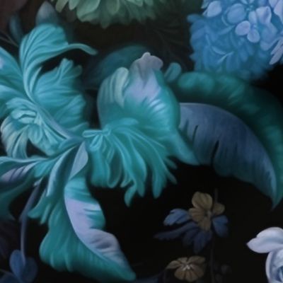 Shadowed Elegance- Blues/Greens Floral on Black Wallpaper 