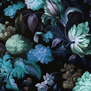 Shadowed Elegance- Blues/Greens Floral on Black Wallpaper 