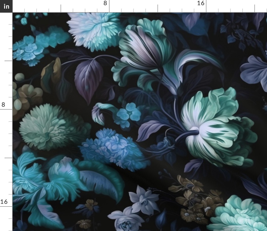 Shadowed Elegance- Blues/Greens Floral on Black Wallpaper 