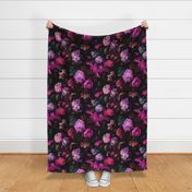 Shadowed Elegance - Pinks/Lilacs Floral on Black Wallpaper 
