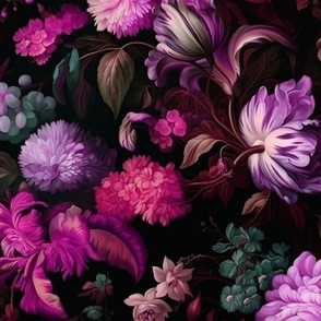 Shadowed Elegance - Pinks/Lilacs Floral on Black Wallpaper - New for 2023