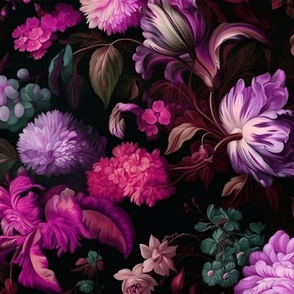 Shadowed Elegance - Pinks/Lilacs Floral on Black Wallpaper 