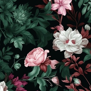 Italian Ruscus Garden - Pink/Green on Black Wallpaper - New for 2023