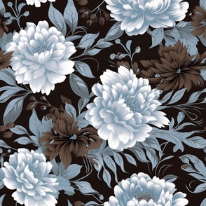 Serene Blossoms – Blue/Gray Peonies on Black Wallpaper 