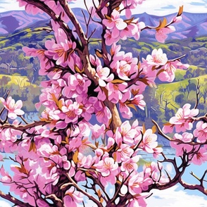 Almond Blossom Landscape - Pink - Wallpaper New for 2023